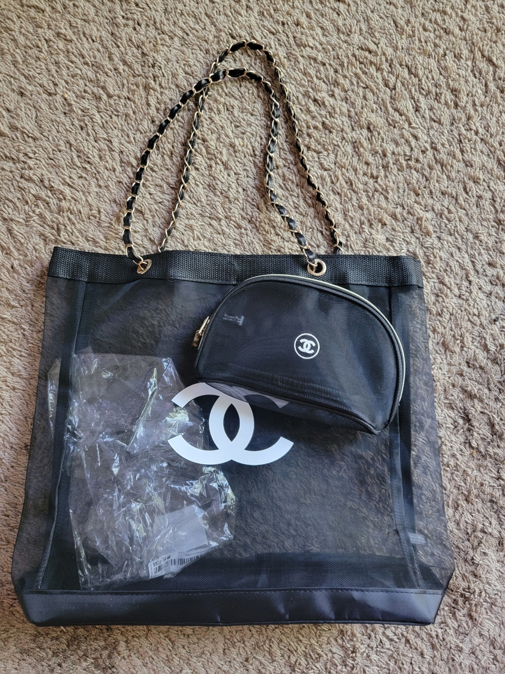 Chanel Black Mesh Tote with Quilted Chain Strap and Black Cosmetic Pouch